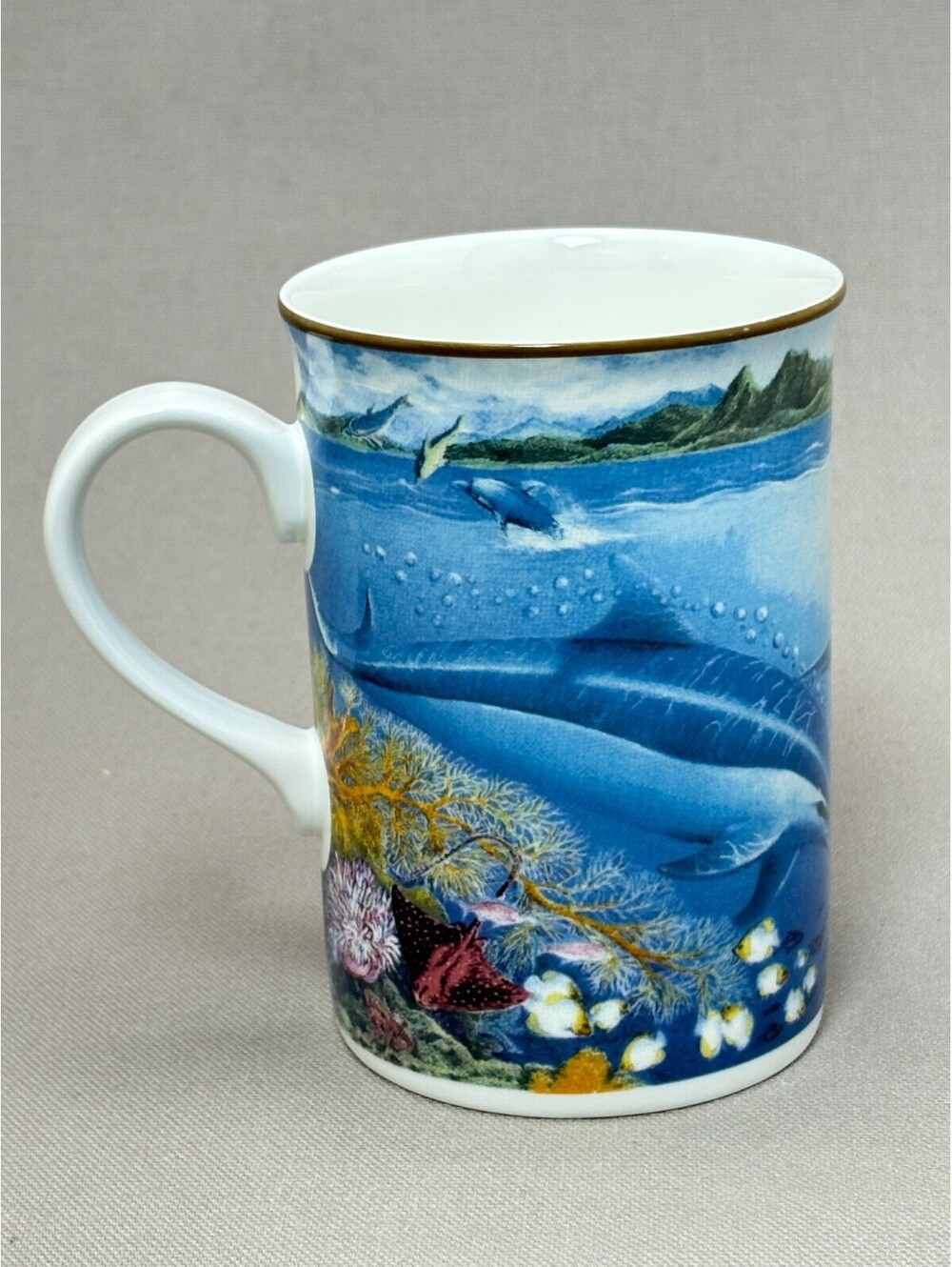 Vintage SeaWorld Dolphin Mug Royal Bone China Thailand Coral Reef Sea Turtle Cup